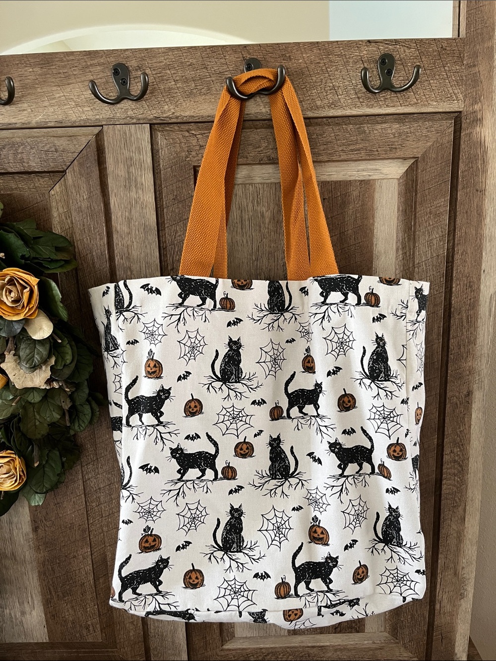 New Halloween Canvas Tote Bag – Spooky Black Cats, Spiderwebs & Jack-o'-Lanterns